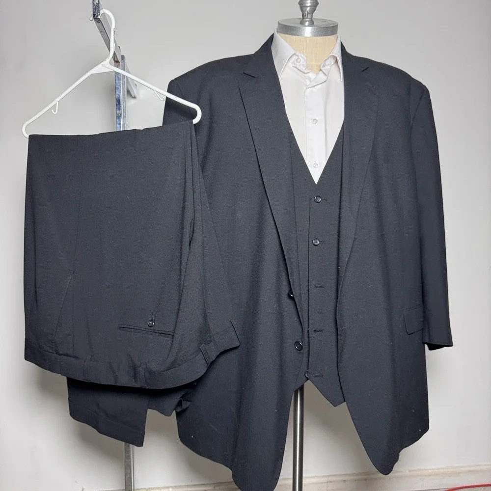 GS 3-Piece Suit Mens 60L 50x31 Black Solid Wool Blend 2-Button Vest Trousers